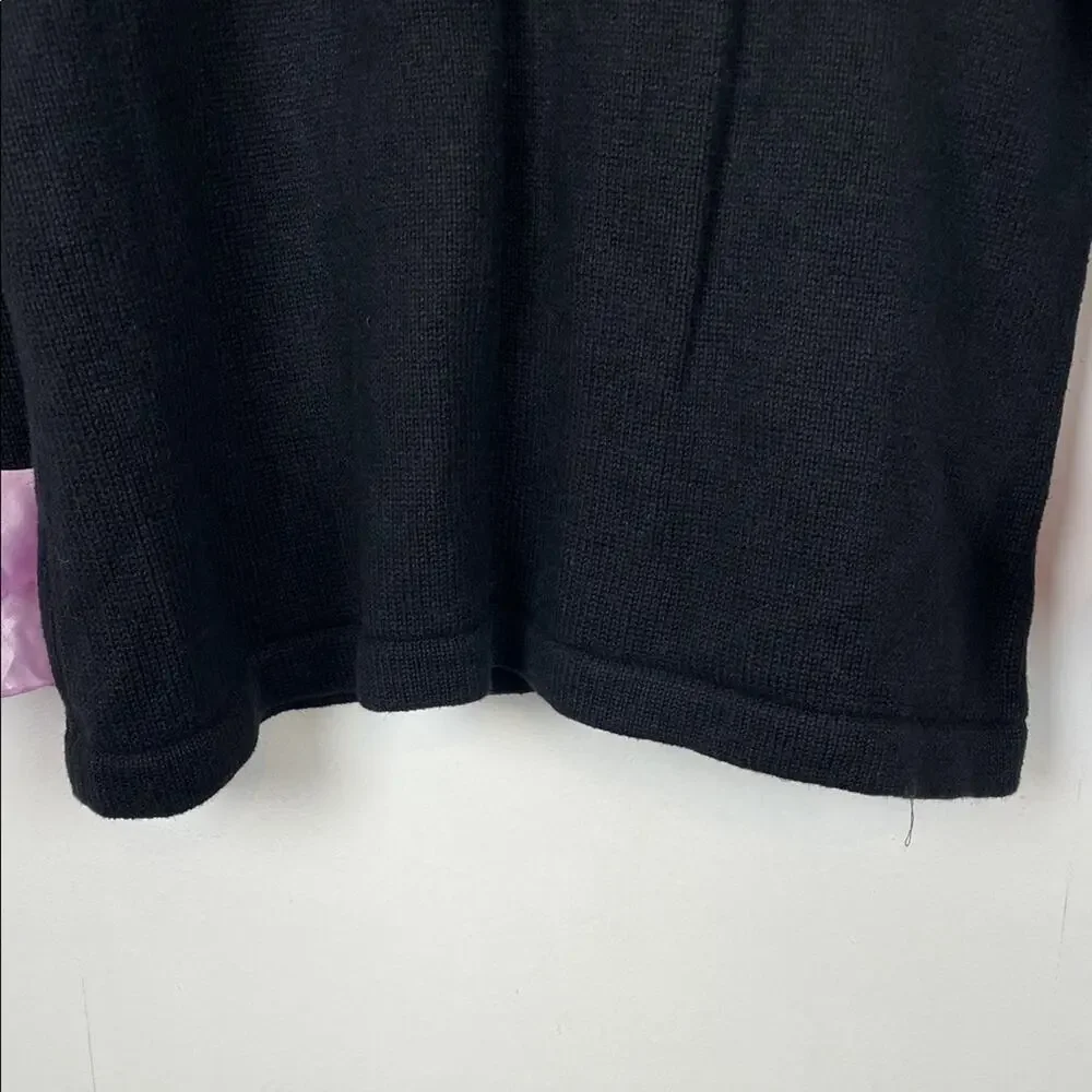 Storybook Knit Vtg Black Button Cardigan Sweater Pink Embroidery Satin Trim L